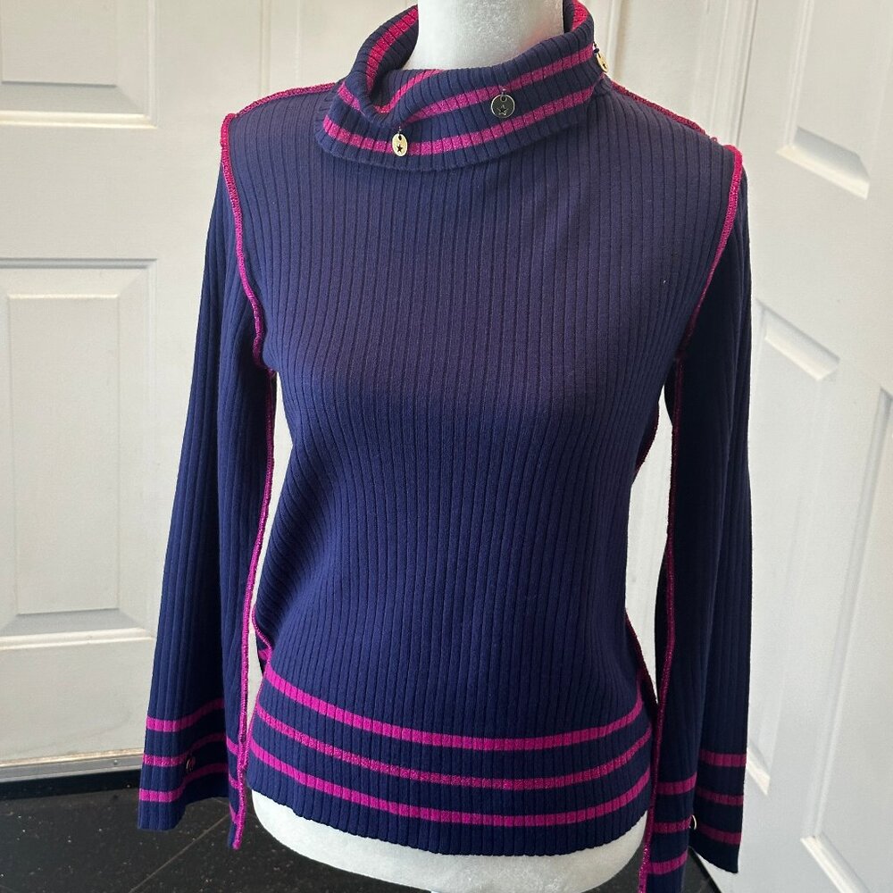 Hearts of Palm Charmed Sweater Small Navy Fuchsia Gold Charms Cowl Neck